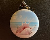 Conch Shell, Custom Fashion Pill Box Medicine Tablet Holder for Pocket or Purse, comes with necklace or belt clip chain