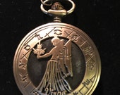 Zodiac Virgo, Bronze Custom Pill Box Medicine Tablet Holder for Pocket or Purse, comes with necklace, belt clip chain is extra