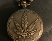 Cannabis, Retro Bronze Custom Pill Box Medicine Tablet Holder for Pocket or Purse, comes with necklace, belt clip chain is extra