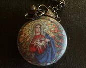 Mother Mary, Black Custom Fashion Pill Box Medicine Tablet Holder for Pocket or Purse, comes with necklace or belt clip chain