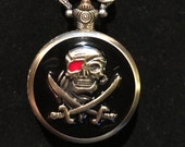 Skull over crossed Swords Custom Pill Box Medicine Tablet Holder for Pocket or Purse, comes with necklace, belt clip chain is extra