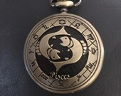 Zodiac, Pisces Constellation Bronze Custom Pill Box Medicine Tablet Holder for Pocket or Purse, comes with necklace or pocket watch chain.