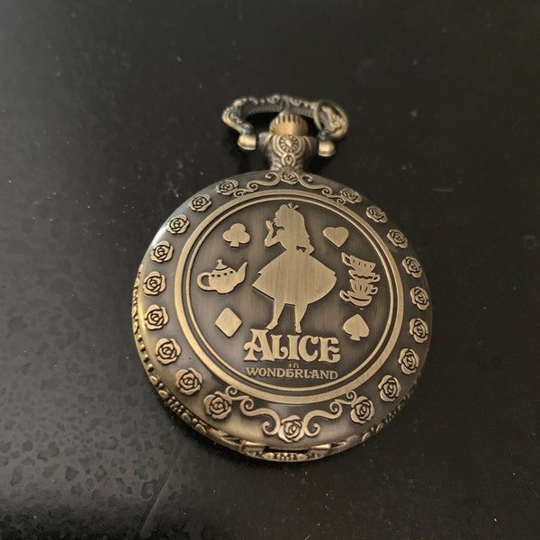 Alice in Wonder land Bronze Custom Fashion Pillbox Medicine Tablet Holder Case for Pocket or Purse comes with necklace ot belt clip chain
