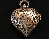 Floral Hearts design Bronze Custom Fashion Pill Box Medicine Tablet Holder for Pocket or Purse, comes with necklace (medium)