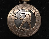 Zodiac Libra, Constellation Bronze Custom Pill Box Medicine Tablet Holder Case for Pocket or Purse, comes with necklace or belt clip chain