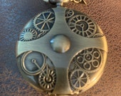 Gears, Bronze Engraved Custom Pill Box Medicine Tablet Holder Case for Pocket or Purse, Necklace included, Belt clip chain is extra.