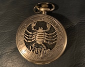 Zodiac, Scorpio Bronze Custom Pill Box Medicine Tablet Holder for Pocket or Purse, comes with necklace, Belt clip chain is extra.