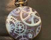 Gears, Antique Blue Design Pill Box Medicine Tablet Holder for Pocket or Purse, comes with necklace, belt clip chain is extra