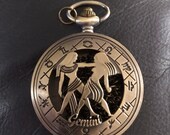 Zodiac, Gemini Bronze Custom Pill Box Medicine Tablet Holder for Pocket or Purse, comes with necklace, Belt clip chain is extra.