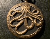 Octopus, Antique Bronze  Custom Fashion Pillbox Medicine Tablet Holder Case for Pocket or Purse comes with necklace and or belt clip chain