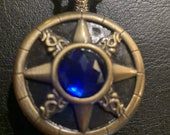 Crystal Blue, Bronze Pill Box Medicine Tablet Holder for Pocket or Purse, comes with necklace, belt clip chain is extra