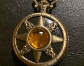 Crystal Yellow, Bronze Pill Box Medicine Tablet Holder for Pocket or Purse, comes with necklace, belt clip chain is extra.