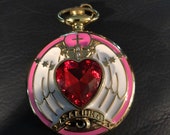 Red Heart Jem Golden Pillbox Custom Pill Box Medicine Tablet Holder for Pocket or Purse, comes with necklace, a belt clip chain is extra.
