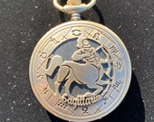Zodiac, Sagittarius Bronze Custom Pill Box Medicine Tablet Holder for Pocket or Purse, comes with necklace, Belt clip chain is extra.
