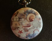 Sea Shells, Custom Fashion Pill Box Medicine Tablet Holder for Pocket or Purse, comes with necklace or belt clip chain