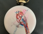 Bird Painting, Bronze Custom Fashion Pill Box Medicine Tablet Holder for Pocket or Purse, comes with necklace, belt clip chain is extra