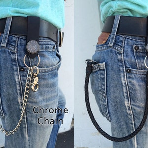 Billetera con ventana y cremallera negra, cadenas de cuero o cromo de 18 pulgadas, llavero, cuero genuino, fabricada en EE. UU., duradera, billetera de cuero, billetera para hombre.