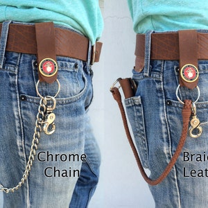 Cartera triple de cuero marrón de lujo para hombre, cadenas de cuero o cromo de 18 pulgadas, llavero, cuero marrón, fabricada en EE. UU., billetera grande, billetera para hombre.