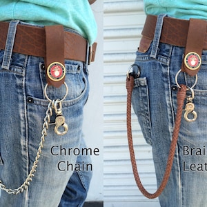 Billetera con ventana y cremallera marrón, cadenas de cuero o cromo de 18 pulgadas, llavero, cuero genuino, fabricada en EE. UU., duradera, billetera de cuero, billetera para hombre.