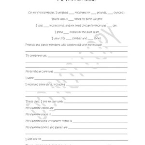 May include: A printable worksheet for a child's first birthday. The worksheet asks questions about the child's weight, height, head circumference, clothing size, favorite foods, games, and more.