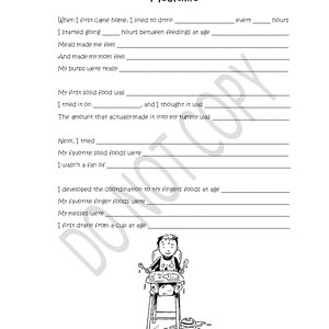 May include: Black and white illustration of a baby sitting in a high chair with a plate and spoon. The illustration is part of a printable worksheet about mealtime for babies and toddlers. The worksheet includes questions about the baby's first solid foods, favorite foods, and when they started using a cup.