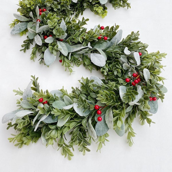 Greenery Garland, Christmas Greenery for Mantle Decor, Decorations For Mantle, Dark Green Garland with Red Berries