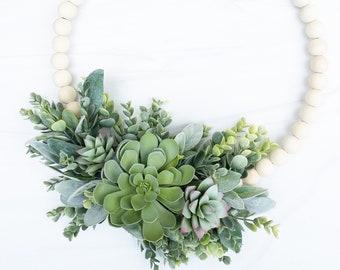 Succulent Wood Bead Floral Wreath, Eucalyptus Lambs Ear Greenery Wreath with Wood Beads, Front Door Decor Wreath, Wood Bead Hoop Wreath