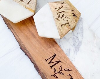 Rustic Marble and Wood Personalized Serving Board Set, Custom Live Edge Cheese Board Gift Box Set, Marble and Wood Coaster Gift Set