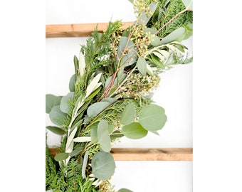 Fresh Christmas Garland, Holiday Mantel Greenery Decor, Fresh PO Cedar, Olive ,Silver Dollar Eucalyptus, and Seeded Eucalyptus Garland,