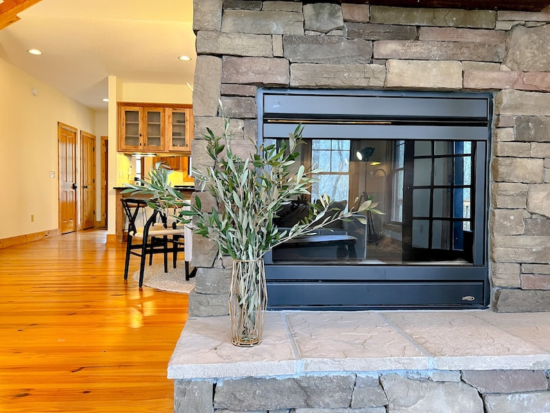 May include: A stone fireplace with a black glass door and a vase of green branches on the hearth.