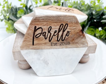 Personalized Marble Wood Coasters - Wood and White Marble Coaster Set - Engraved Coasters - Set of High Quality Solid Wood Marble Coasters
