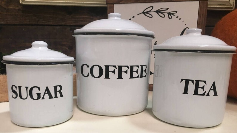 Canister Set For Kitchen, Farmhouse Kitchen Canisters, Coffee Tea sugar Canisters, Kitchen Storage, White Canister Set, Nesting Canisters 