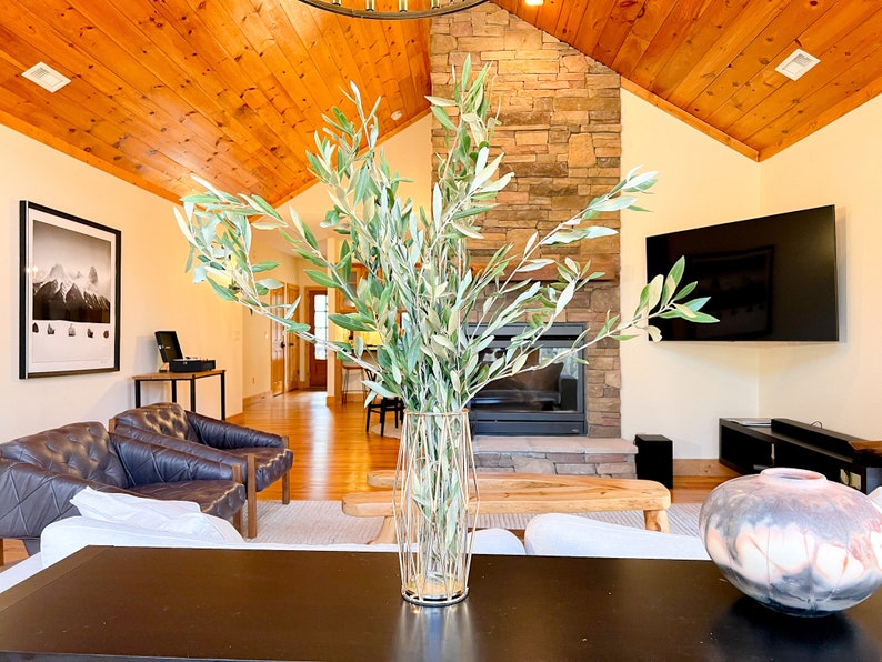 May include: A living room interior with a stone fireplace, a large flat screen TV, and a wooden coffee table. A vase with green branches sits on the table, and a decorative ceramic pot is on the floor.