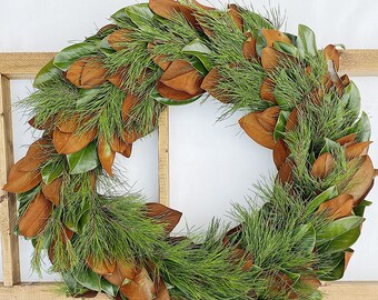 Real Greenery Wreath For Thanksgiving And Christmas, Fresh Pine And Magnolia Leaf Wreath For Holiday Gift, Fresh Wreath For Front Door