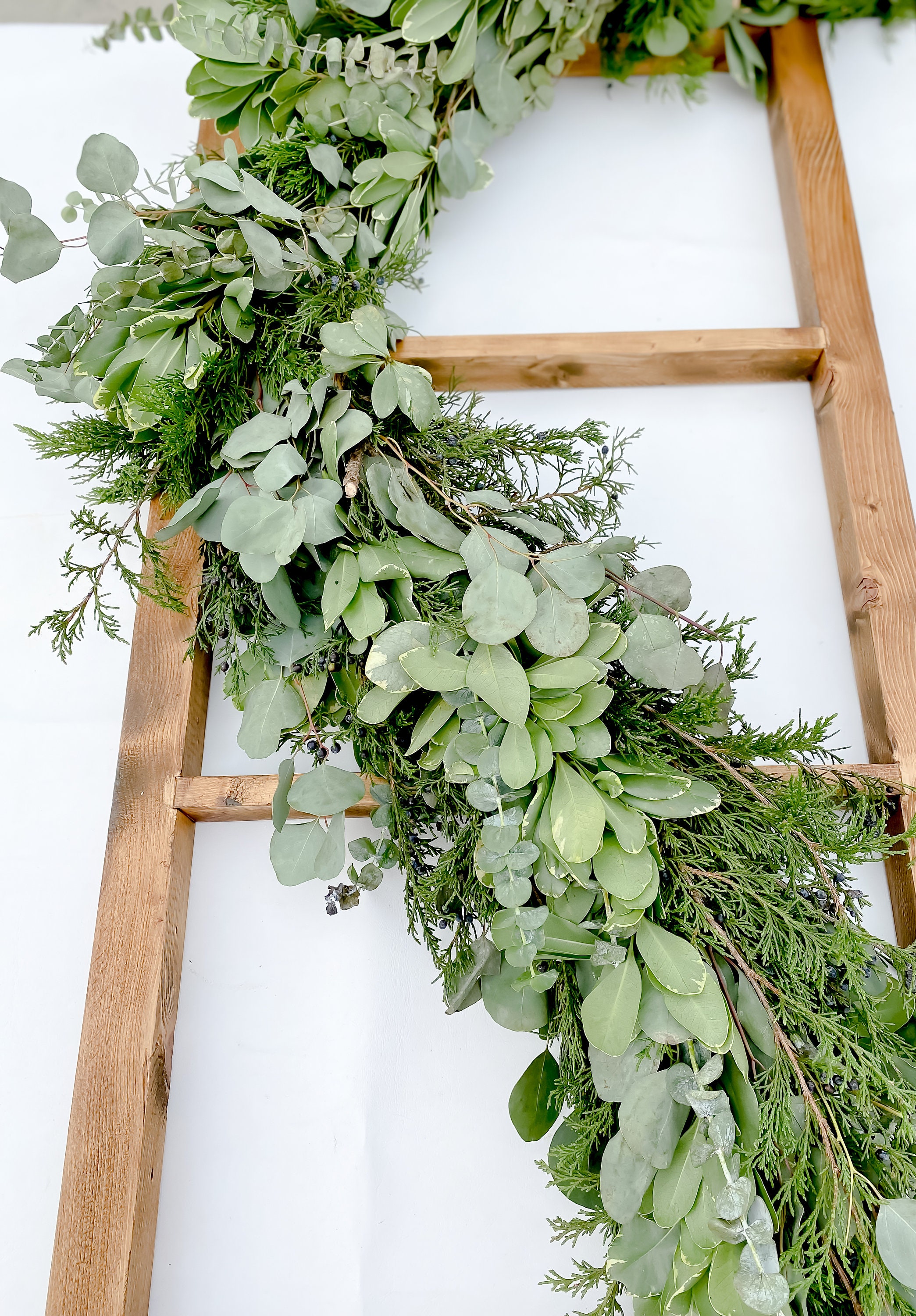 Natural Christmas Decor Garland: Fresh Silver Dollar Eucalyptus, Baby Blue Eucalyptus, Variegated Pitt, and Blueberry Cedar Garland