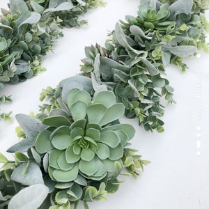 Succulent Eucalyptus Lambs Ear Greenery Garland, Dry Faux Greenery Garland Decor, Succulent Table Runner, Eucalyptus Garland For Mantle