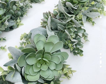 Succulent Eucalyptus Lambs Ear Greenery Garland, Dry Faux Greenery Garland Decor, Succulent Table Runner, Eucalyptus Garland For Mantle