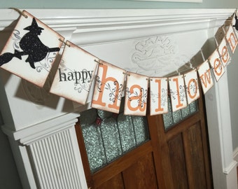 Happy Halloween Banner, Halloween Decor, Halloween Party Garland, Halloween Decoration, Fall Decor with witches