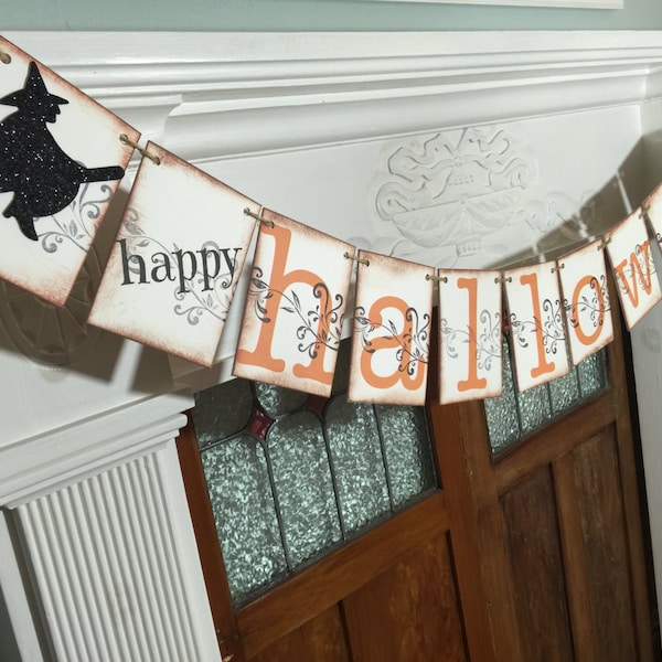 Happy Halloween Banner, Halloween Decor, Halloween Party Garland, Halloween Decoration, Fall Decor with witches