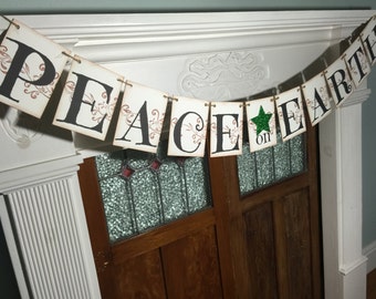 Peace on Earth Banner, Christmas Banner, Rustic Christmas Sign, Christmas Decoration, Holiday Photo Prop