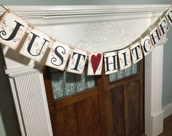 Rustic Wedding Banner, Just Hitched Wedding Car Sign, Wedding Photo Prop, Just Married Sign