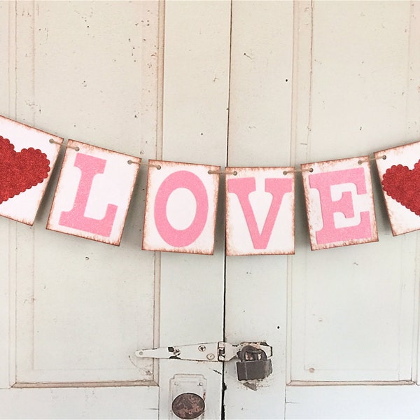 LOVE Banner, Valentine's Day Banner, Engagement Party Decoration, Photo Prop, Glittered