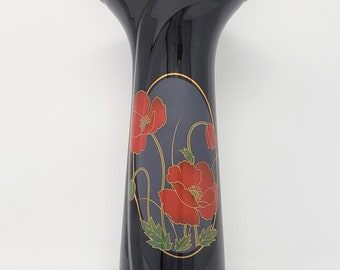 Vintage Vase, "Fine China Japan" Oriental Black Porcelain Tall Vase - Red Flowers / Poppies