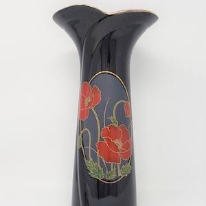 Vintage Asian Style Vase: Red Poppies on Black Porcelain, Fine China Japan