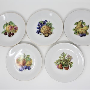 Vintage Salad / Dessert Plates, Fruit & Nuts Still Life, Kahla Germany, GDR, Set of 5