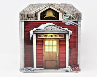 Gift Tin / Tin Box, Walnut Street School House Shaped Tin, Bri-tone Crayons, Vintage