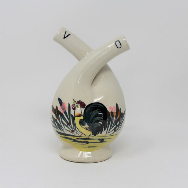 Vintage Cruet, Oil and Vinegar Double Neck / Twist Neck, Hand Painted Rooster, Ceramic