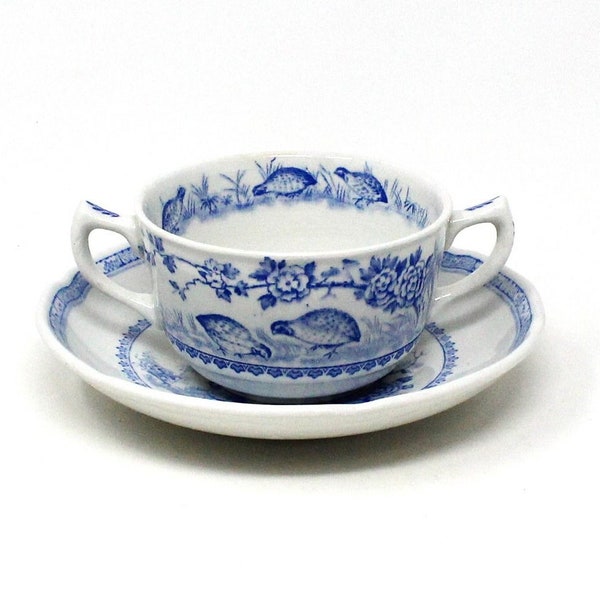 Soup Bowls, Cream Soup with Underplate, Furnivals, Quail Blue Ironstone Transferware, Antique