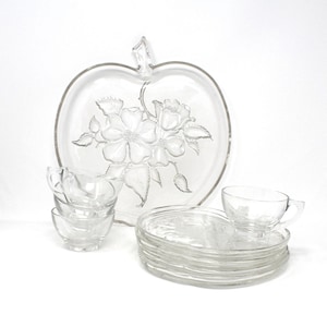 Vintage Set of 4 Snack Sets plus Serving Tray, Hazel Atlas, Apple Blossom, Glass Plates
