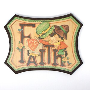 Vintage Wooden Plaque / Sign, Faith, Children Praying, Mounted Image on Wood, Vintage, 1970&#39;s, Wall Decor
